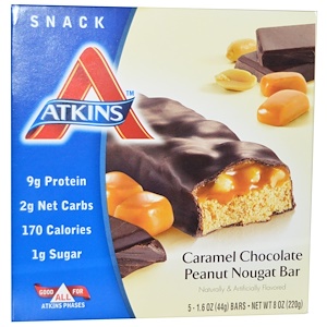 Atkins, Advantage, Батончик с карамелью, шоколадом, арахисом и нугой, 5 батончиков по 44 г Atkins, Advantage, Батончик с карамелью, шоколадом, арахисом и нугой, 5 батончиков по 44 г