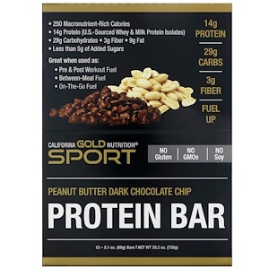 California Gold Nutrition, Протеиновые батончики, арахисовая паста и шоколадная крошка, без глютена, 12 батончиков, 2,1 унции (60 г) каждый California Gold Nutrition, Протеиновые батончики, арахисовая паста и шоколадная крошка, без глютена, 12 батончиков, 2,1 унции (60 г) каждый